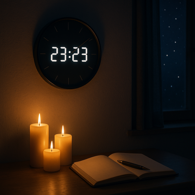 Scène nocturne avec une horloge affichant 23h23, des bougies allumées et un carnet ouvert sur une table