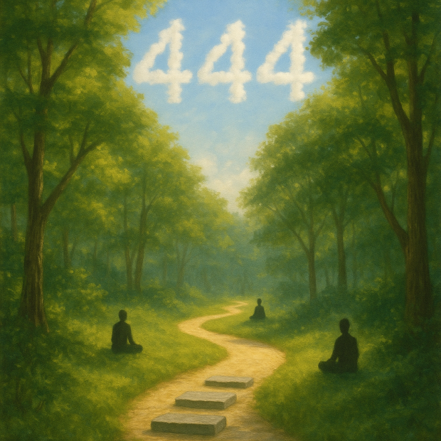 Un chemin sinueux dans une forêt avec le chiffre 444 dans le ciel, symbolisant la guidance spirituelle.