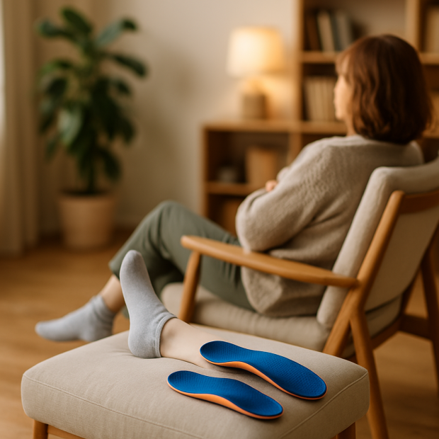 Une personne reposant son pied avec une semelle orthopédique dans un cadre serein, symbolisant la guérison de l'épine calcanéenne.