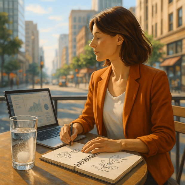 Une femme dynamique dans un café urbain, utilisant Berocca pour optimiser son énergie quotidienne.