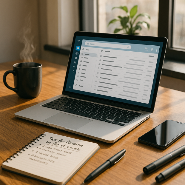 Une vue de bureau moderne avec un ordinateur portable ouvert sur des emails, un carnet et une tasse de café.