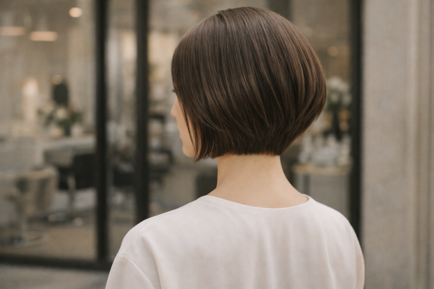 Modèle féminin présentant un carré plongeant élégant devant un salon de coiffure chic.
