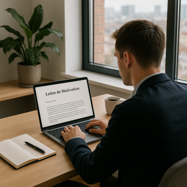 Une personne rédigeant une lettre de motivation dans un bureau moderne, avec un ordinateur portable et des accessoires de travail.