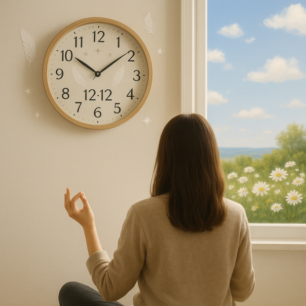 Horloge indiquant l'heure miroir 12h12 entourée de symboles spirituels et d'un paysage apaisant.