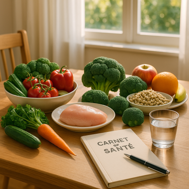 Table de cuisine avec des aliments frais et sains pour un régime équilibré