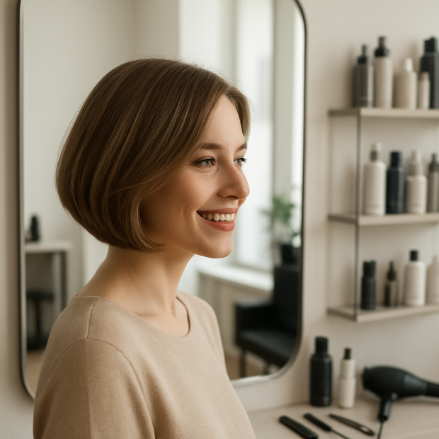 Femme admirant son carré dégradé dans un salon de coiffure moderne.