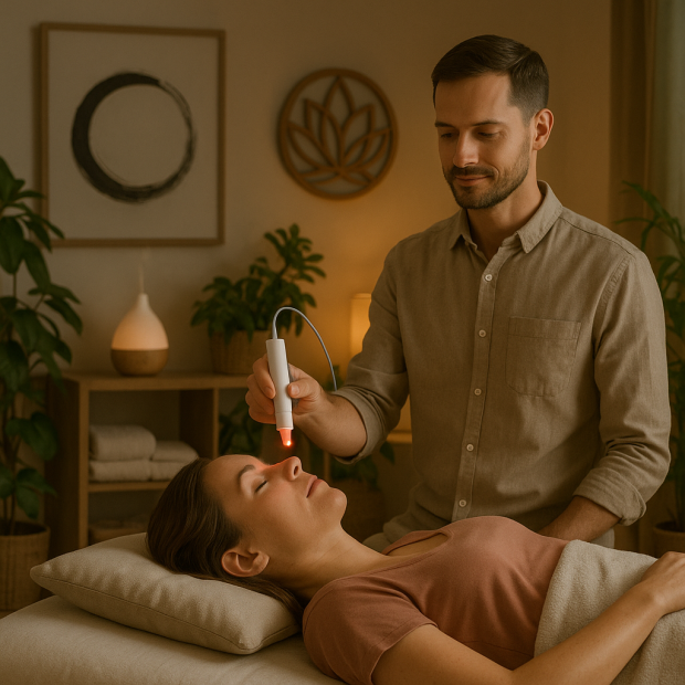 Séance de luxopuncture relaxante avec un praticien utilisant un dispositif lumineux sur un patient dans un environnement apaisant.