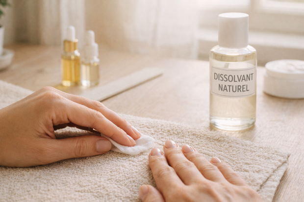 Une main féminine avec un ongle coloré, entourée de produits de soins naturels pour les ongles.