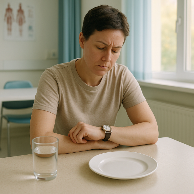 Personne réfléchissant à la table avec un verre d'eau et une assiette vide en préparation pour une prise de sang.