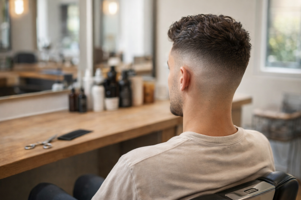 Homme se faisant coiffer avec un dégradé américain dans un salon