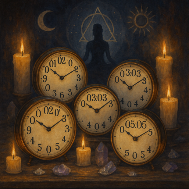 Illustration représentant des horloges avec des heures miroirs triplées et une ambiance spirituelle.