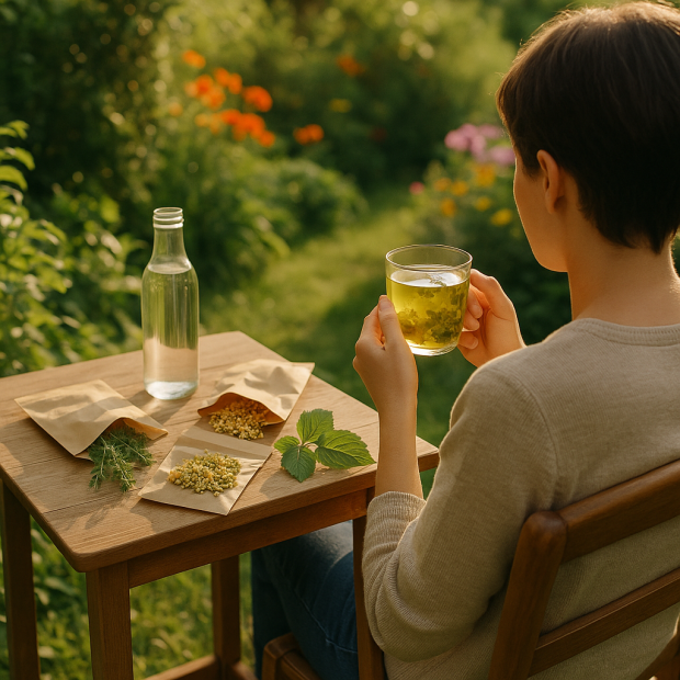 Personne sirotant une tisane dans un jardin ensoleillé avec des plantes médicinales à proximité pour soulager une infection urinaire.