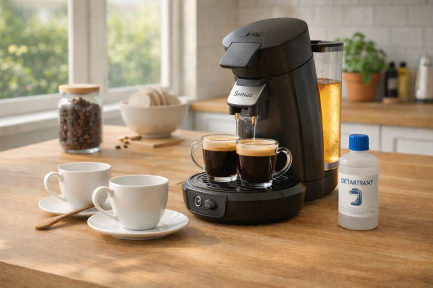 Machine à café Senseo en cours de détartrage dans une cuisine moderne