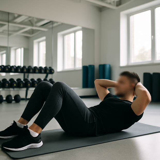 Une personne qui fait un crunch classique sur un tapis de gym, avec une ambiance dynamique et motivateur dans une salle de sport moderne.