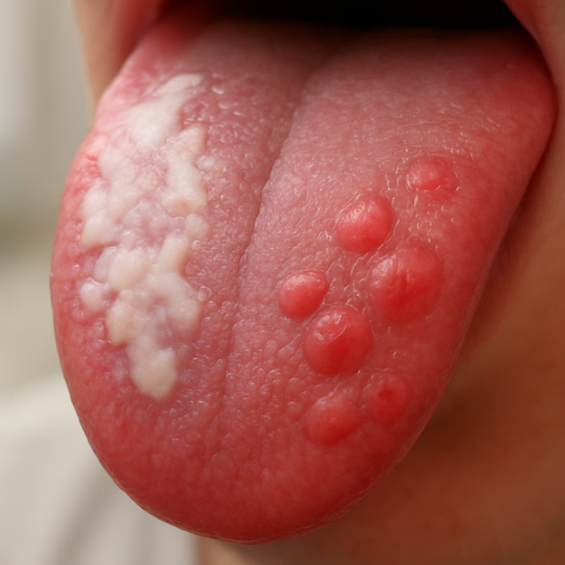 Image d'une langue avec différents types de boutons illustrant des lésions blanches et rouges