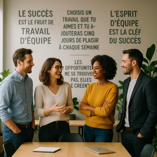 Collègues discutant dans une salle de réunion inspirante avec des citations affichées sur le mur.