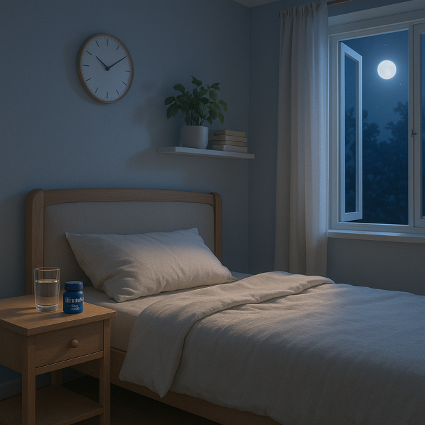 Chambre paisible avec un lit confortable et un flacon d'Euphytose Nuit sur la table de nuit.