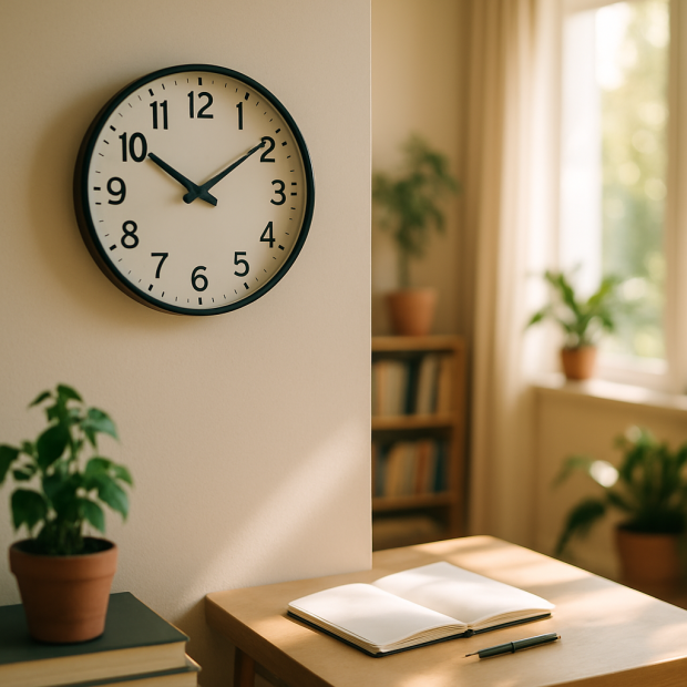 Une horloge murale affichant l'heure 14H41 dans une pièce lumineuse avec des plantes et un carnet pour la réflexion.