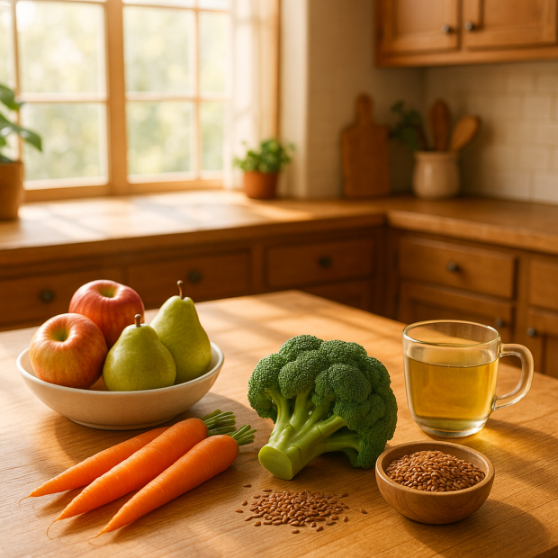Aliments naturels pour réguler le taux de cholestérol, comprenant des fruits, des légumes et du thé vert dans une cuisine chaleureuse.