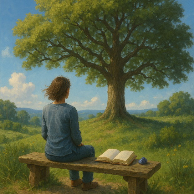 Scène naturelle avec une personne méditant sous un grand arbre, symbole de sagesse et de connexion spirituelle.