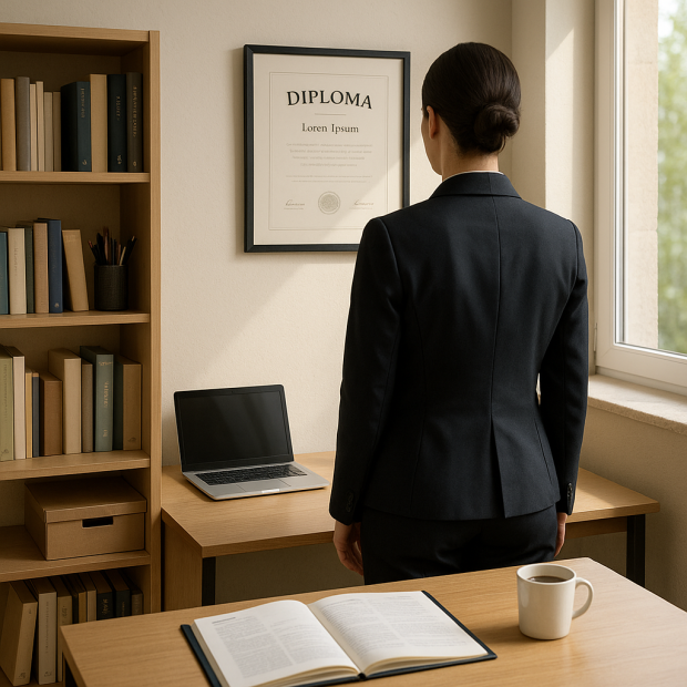 Une personne devant un bureau avec un diplôme accroché au mur, symbole de la recherche de diplômes perdus.