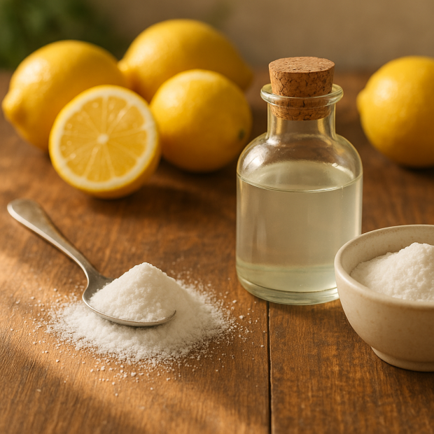 Citrons frais, poudre d'acide citrique, flacon en verre, et ustensiles de cuisine sur une table en bois.